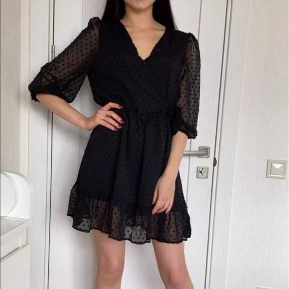 Black SwissDot Side Tie Ruffle Mini Jumpsuit Dress - Picture 13 of 13